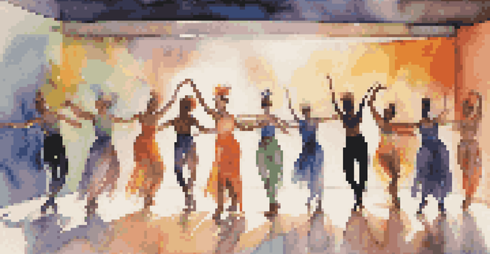 A contemporary dance performance showcasing dancers of various gender identities with colorful lighting and abstract shapes in the background.