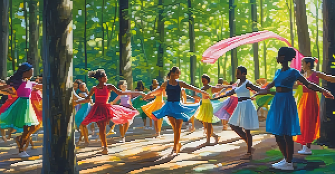 A diverse group of dancers performing in a lush forest, with sunlight filtering through the leaves and colorful recycled banners in the background.