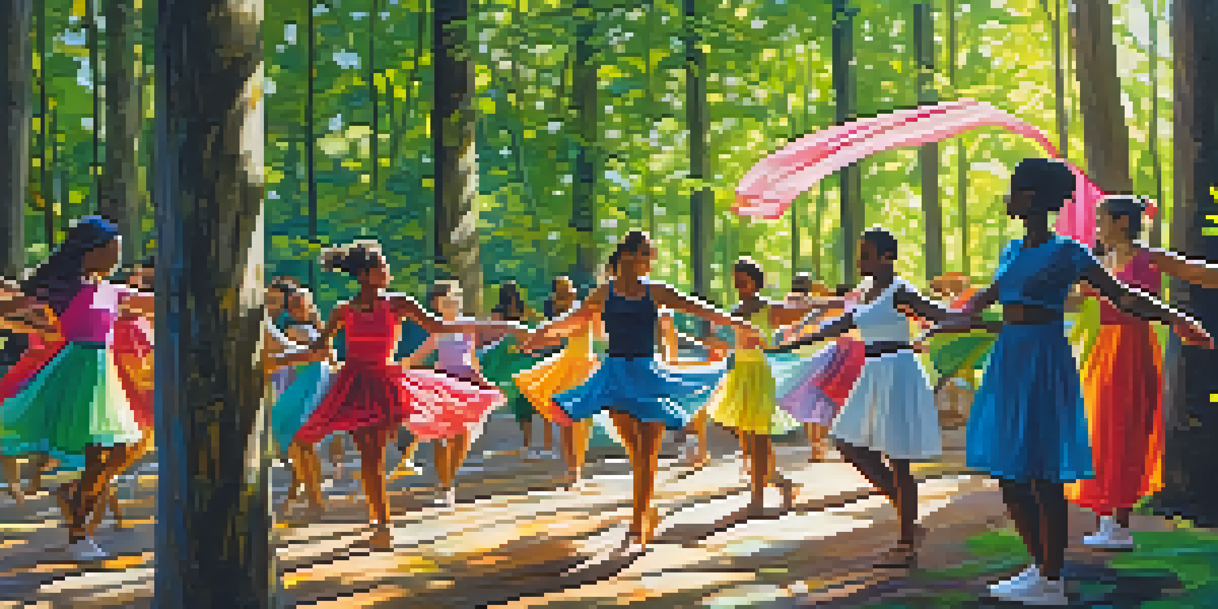 A diverse group of dancers performing in a lush forest, with sunlight filtering through the leaves and colorful recycled banners in the background.