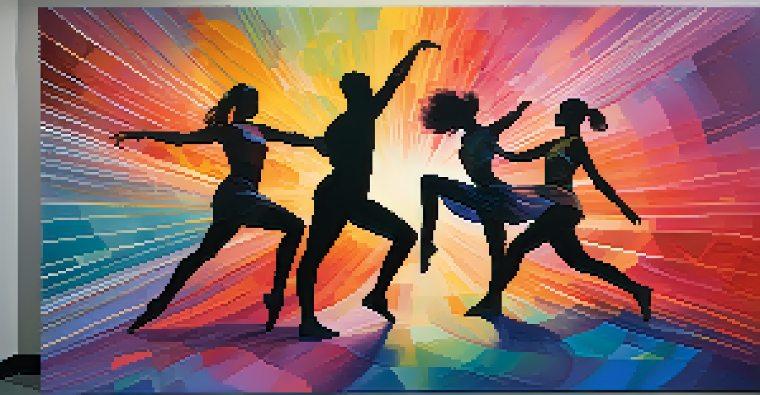 Silhouettes of diverse dancers merging with digital elements, representing collaboration and creativity in dance.