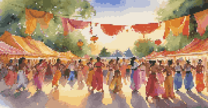 A lively dance festival in a community park with diverse dancers in colorful costumes performing as the sun sets.