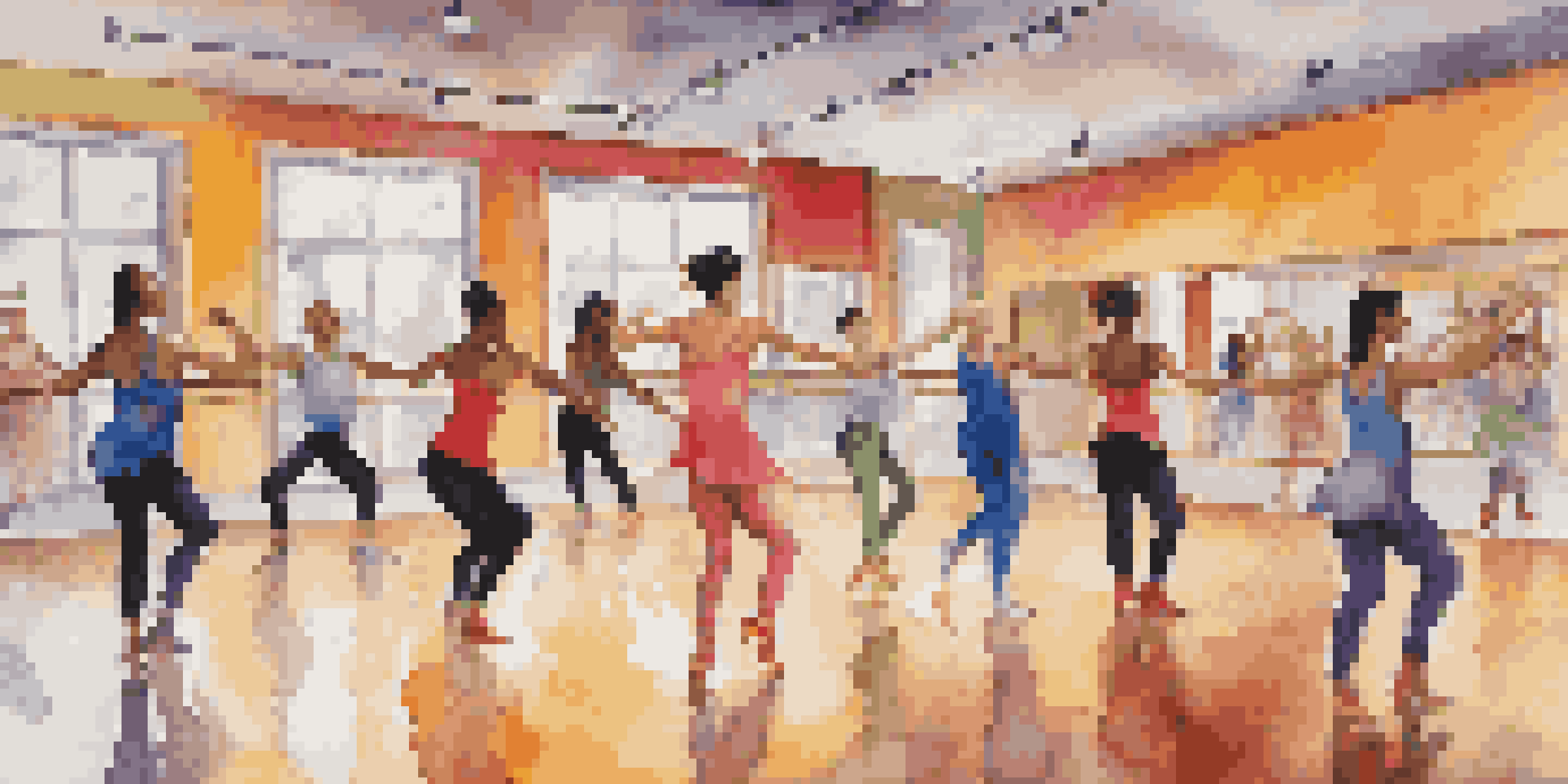 A lively dance studio with diverse dancers practicing different styles, surrounded by mirrors and colorful lights.
