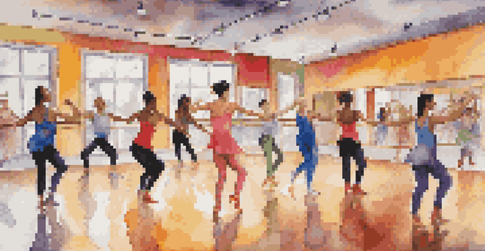 A lively dance studio with diverse dancers practicing different styles, surrounded by mirrors and colorful lights.