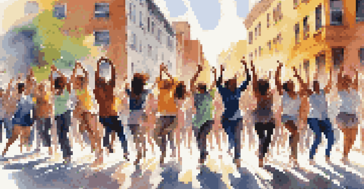 A flash mob dance performance in an urban setting, featuring synchronized movements and a cheering crowd.