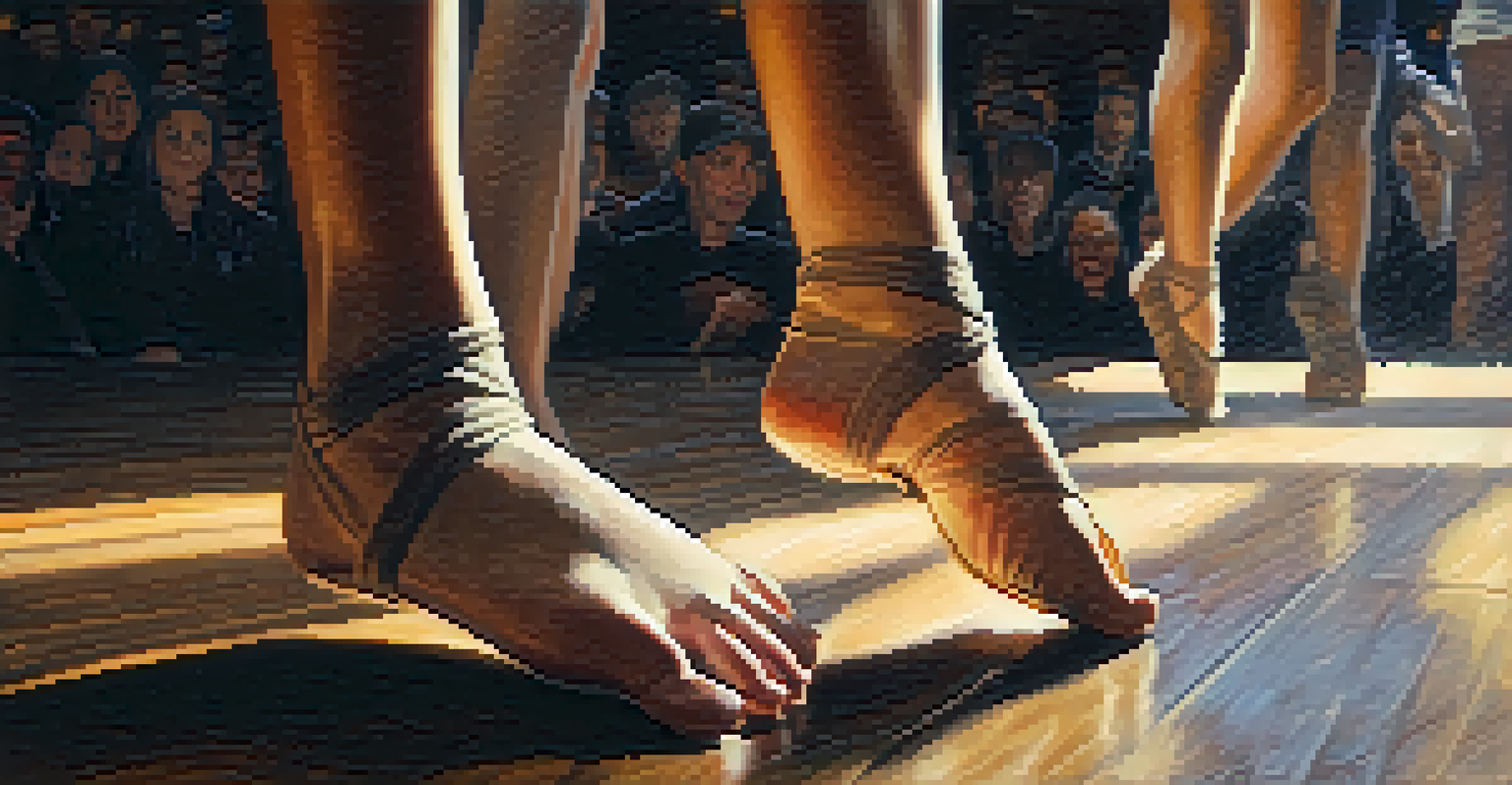 Close-up of a dancer's feet performing intricate footwork on a wooden stage, illuminated by warm lighting, with a motion blur effect.