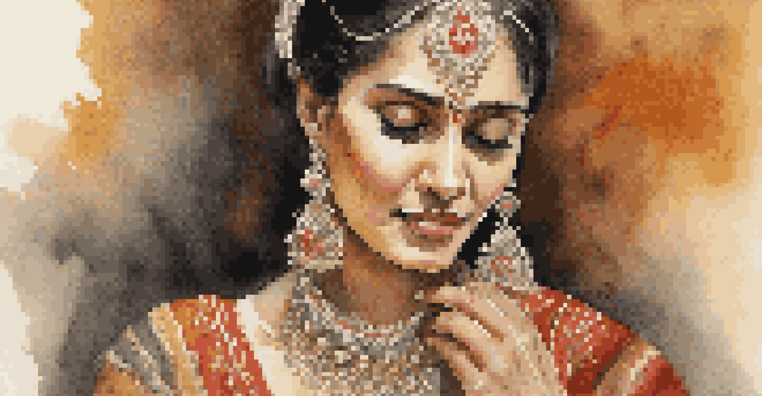 A close-up of a woman in traditional dance attire expressing emotion through her movements, with intricate fabric details and warm lighting.