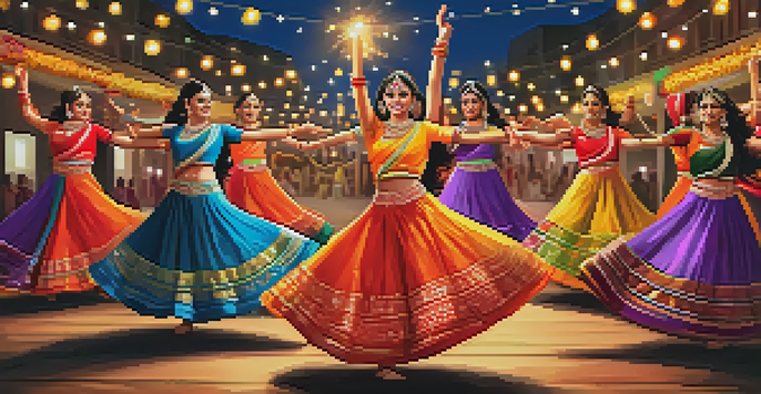 A group of dancers performing Garba during Navratri, dressed in colorful traditional outfits, surrounded by festive lights.