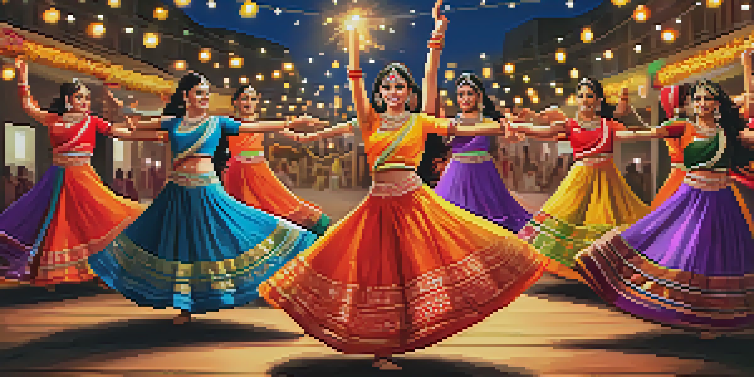 A group of dancers performing Garba during Navratri, dressed in colorful traditional outfits, surrounded by festive lights.