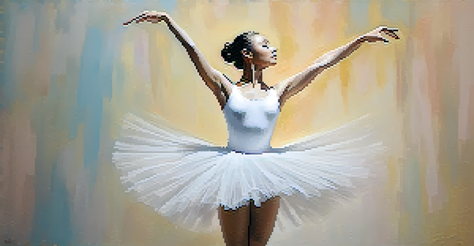 A ballet dancer in a white tutu performing a pirouette with a joyful expression, set against a pastel background.