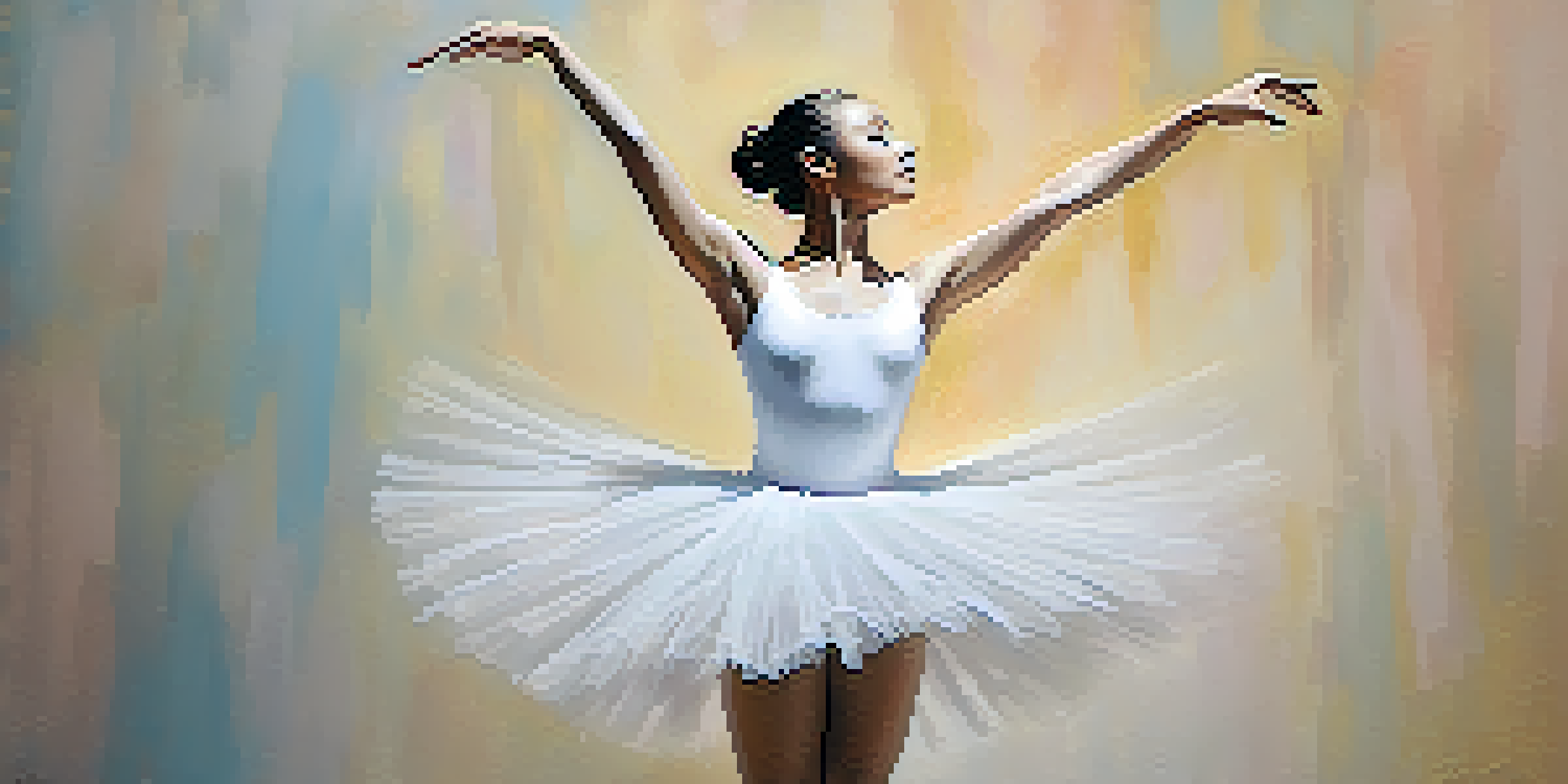 A ballet dancer in a white tutu performing a pirouette with a joyful expression, set against a pastel background.