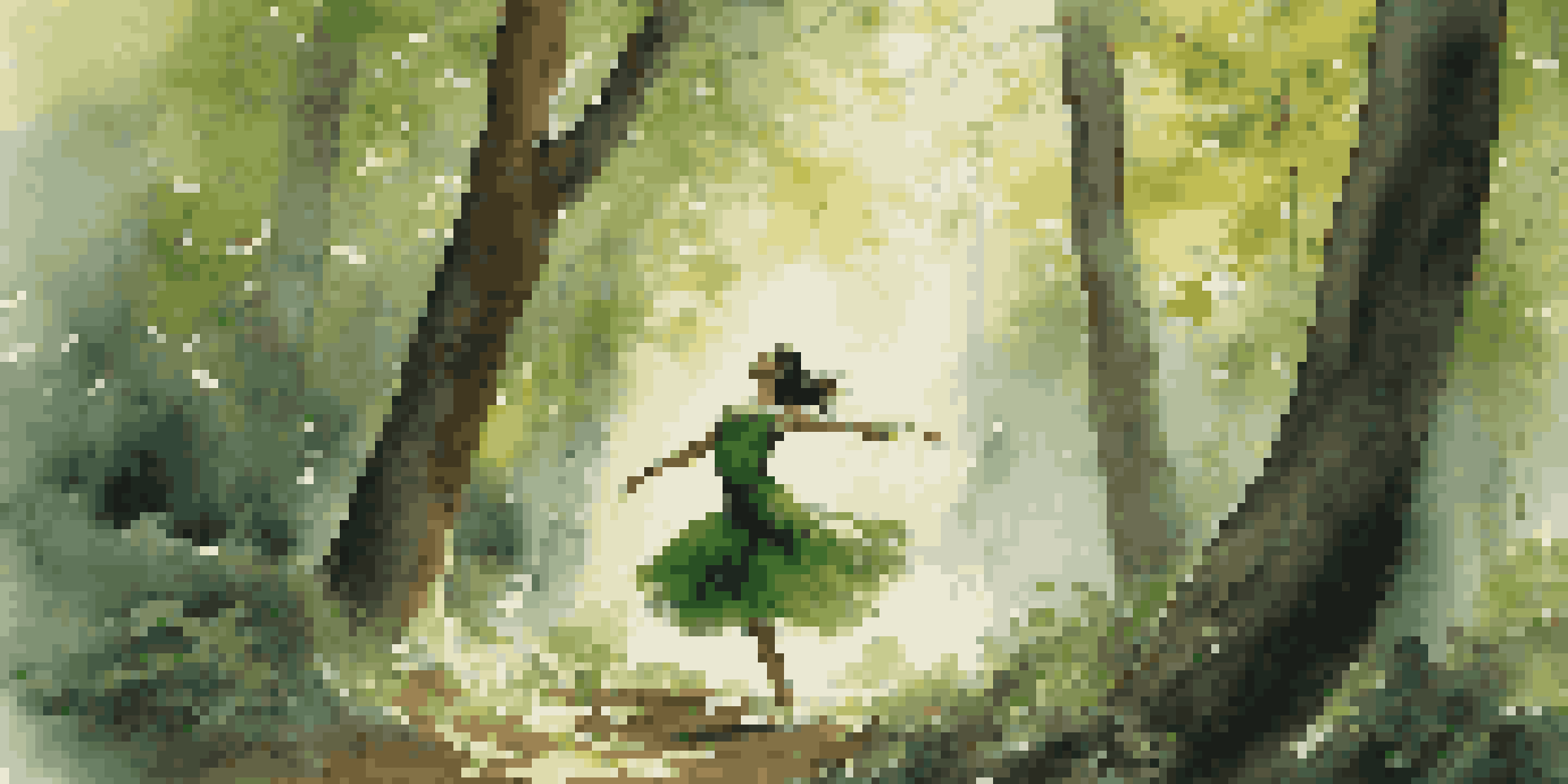 A dancer in a green costume performing in a forest, embodying the movement of a falling tree.