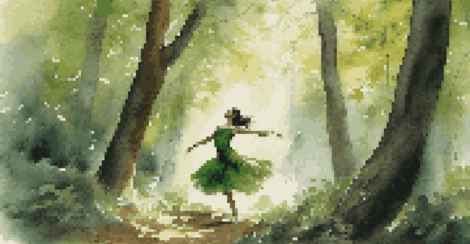 A dancer in a green costume performing in a forest, embodying the movement of a falling tree.