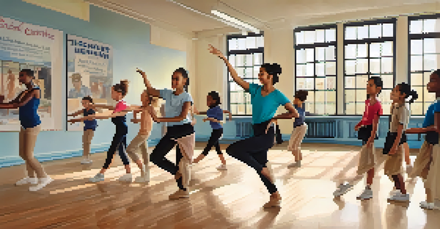 A dance instructor teaching choreography to a diverse group of attentive students in a lively classroom.