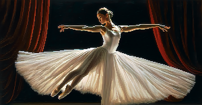 A ballet dancer in a white tutu performing under a spotlight, with a dark curtain behind her, showcasing grace and elegance.