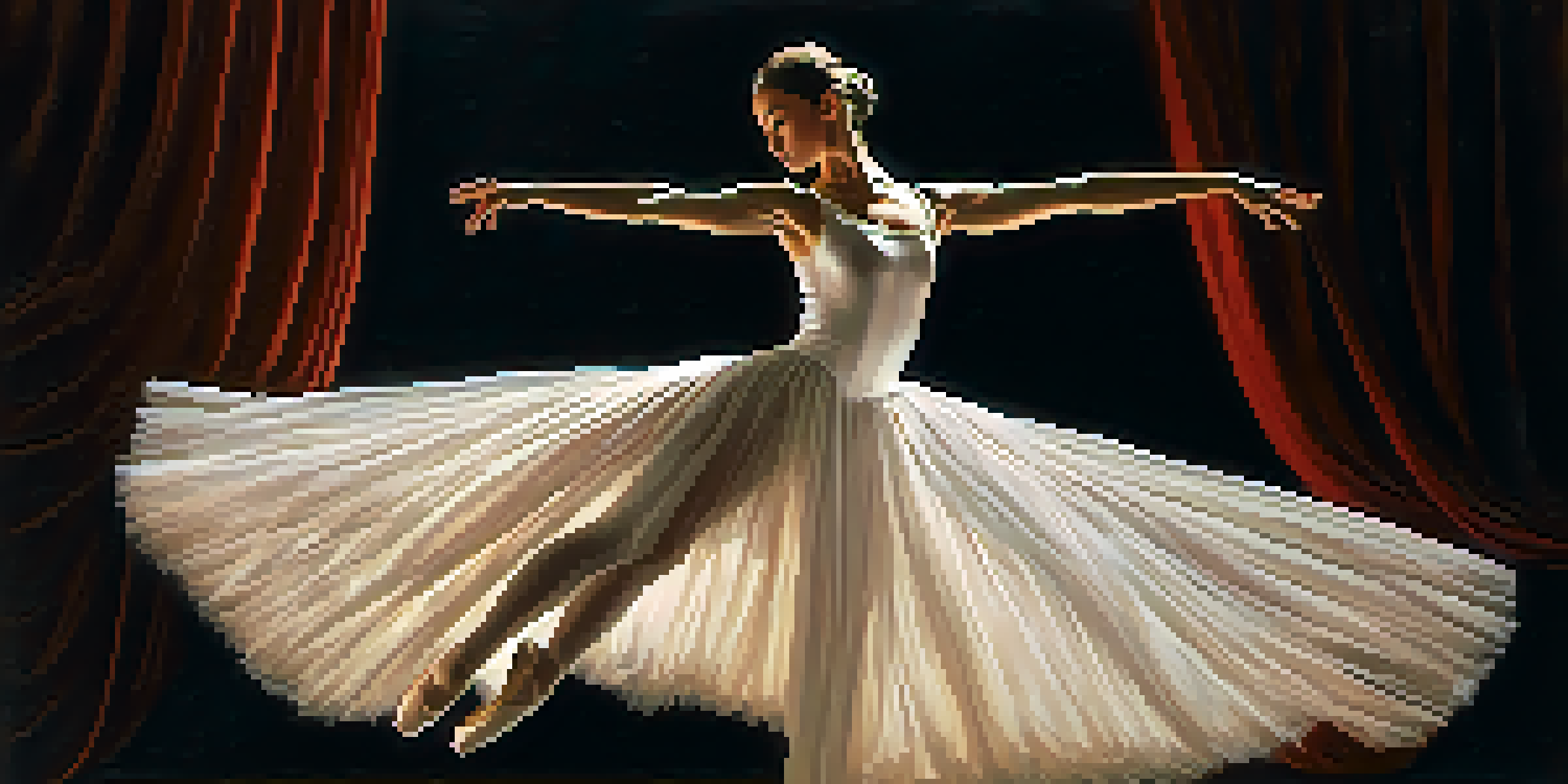 A ballet dancer in a white tutu performing under a spotlight, with a dark curtain behind her, showcasing grace and elegance.