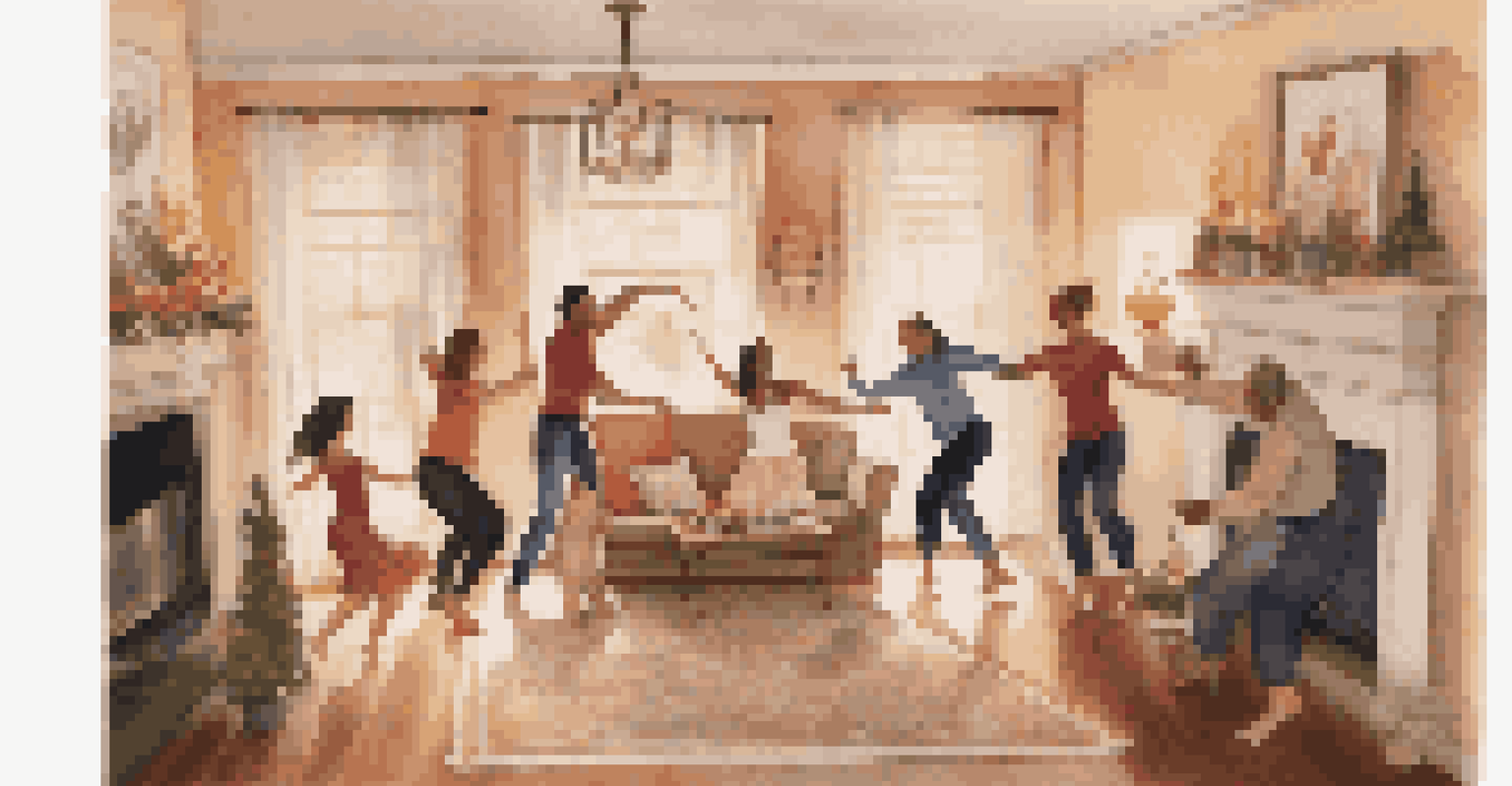 A family joyfully dancing together in a cozy living room, filled with warm lighting and personal decorations, conveying happiness and togetherness.
