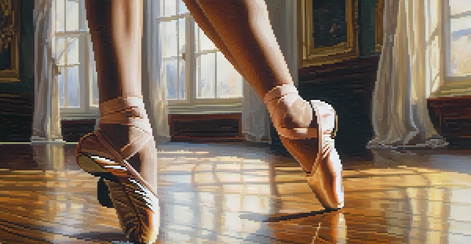 A close-up of a dancer's feet in ballet shoes on a polished wooden floor, with soft light illuminating the scene and blurred silhouettes of other dancers in the background.