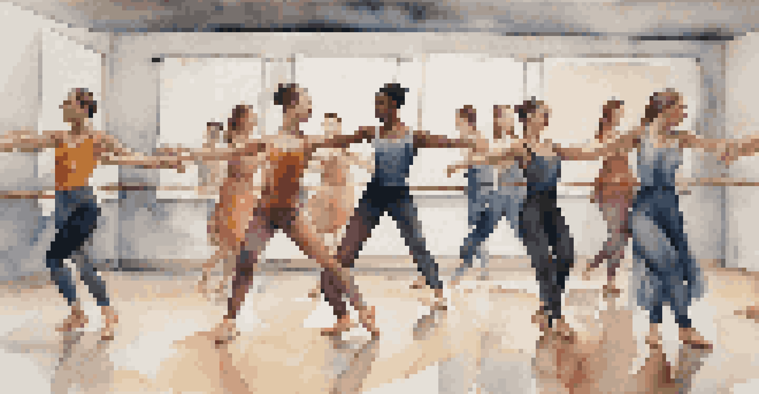 A group of dancers rehearsing together, showing expressions of joy and concentration in a studio with mirrors.