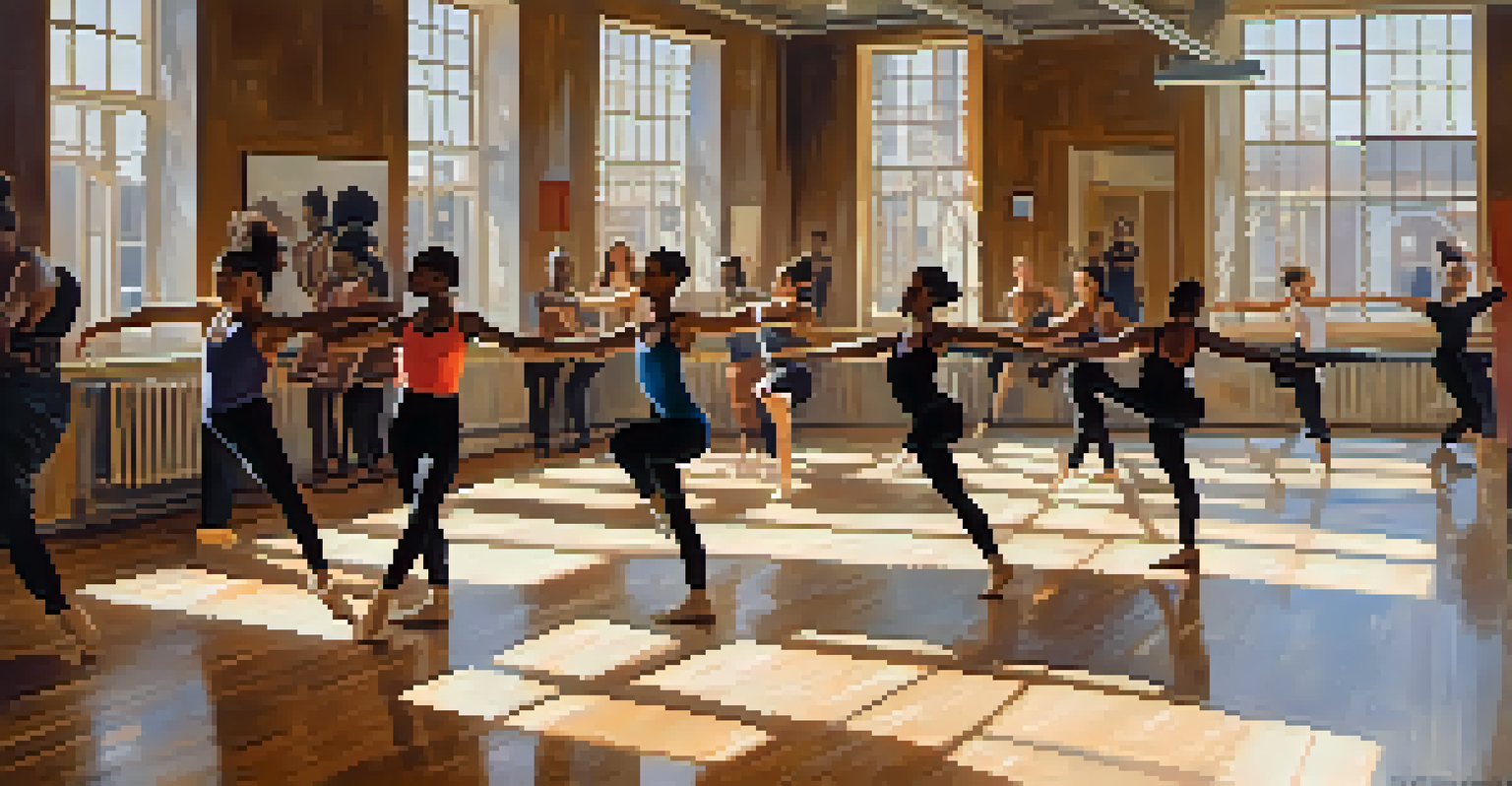 A diverse group of dancers practicing various dance styles in a bright workshop studio.