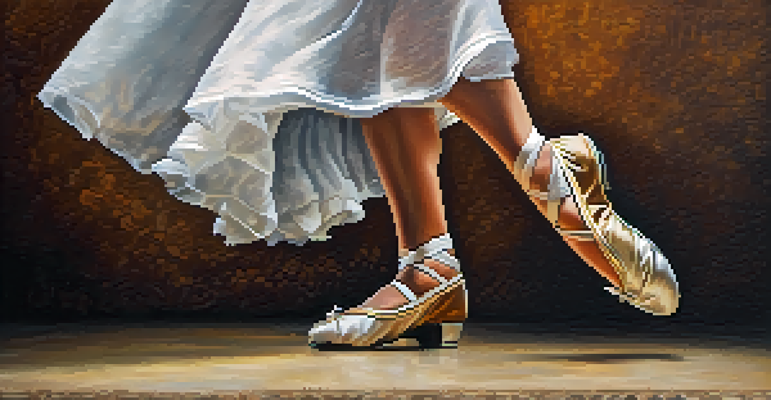 Close-up of a dancer's feet in traditional dance shoes, captured mid-leap against a rustic background.