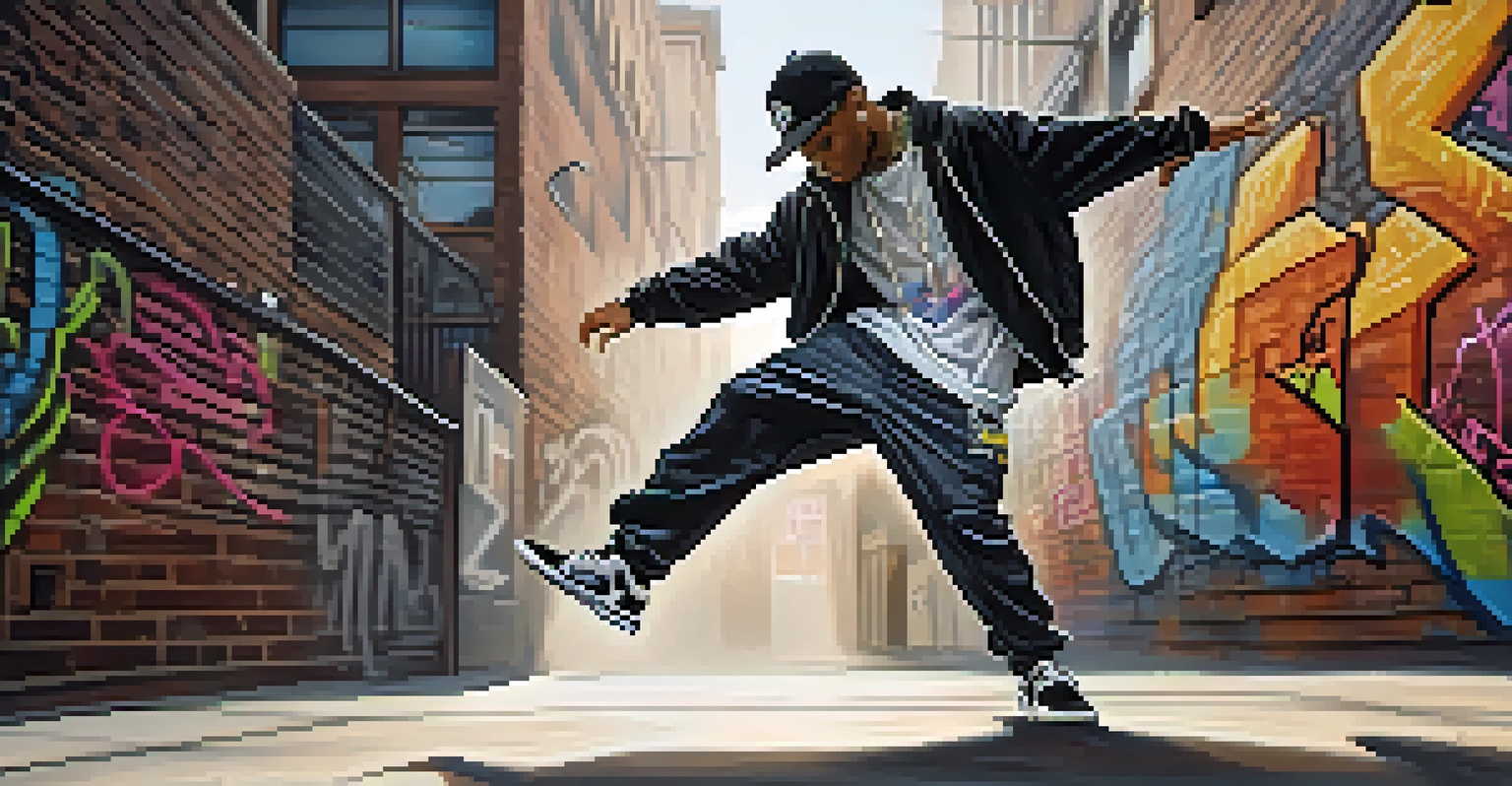 A hip-hop dancer in casual wear showcasing a powerful move in front of graffiti-covered walls.
