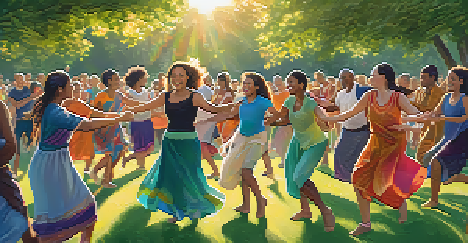 A vibrant outdoor dance therapy session in a park, with participants joyfully dancing amidst nature at sunset.