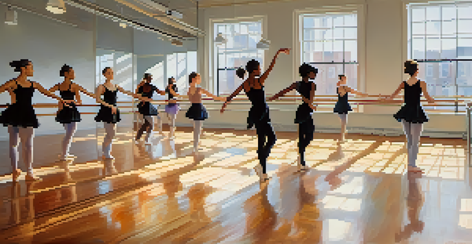 A lively dance studio with diverse dancers practicing various styles, surrounded by mirrors and wooden floors.