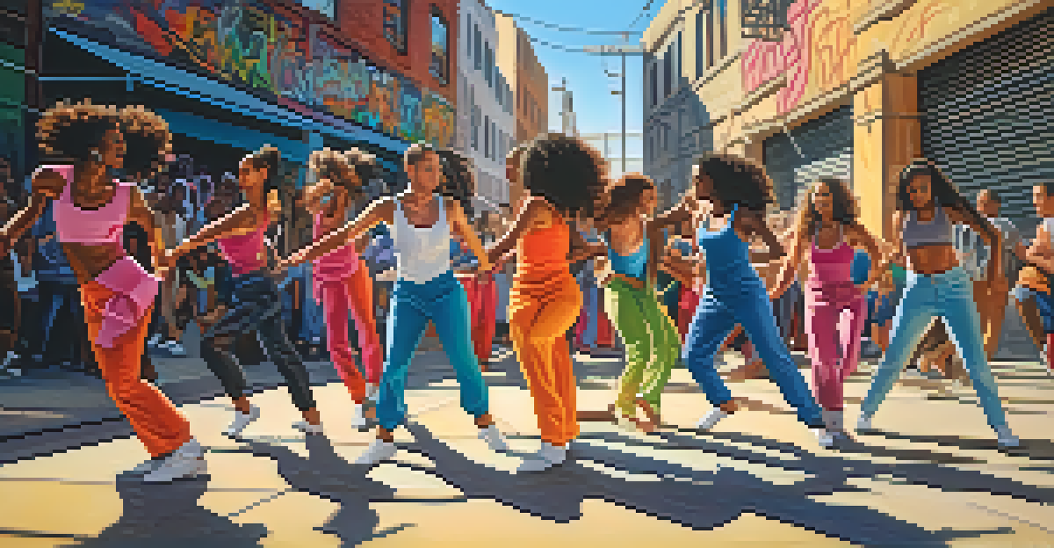 A diverse group of dancers performing in an urban environment, with colorful outfits and graffiti backgrounds, under warm sunlight.