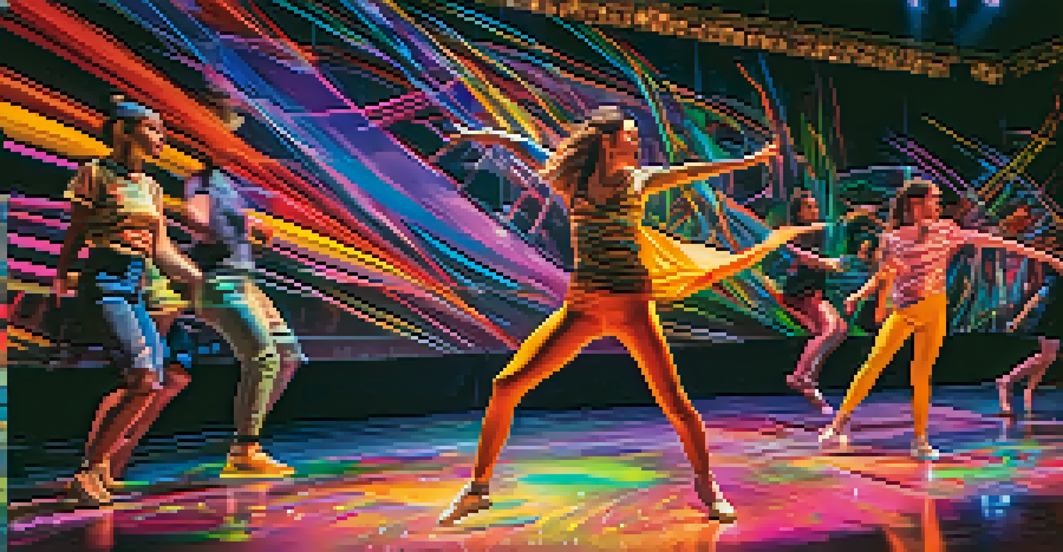 A dancer mid-leap in a live performance with augmented reality graphics enhancing the stage experience, captivating the audience.