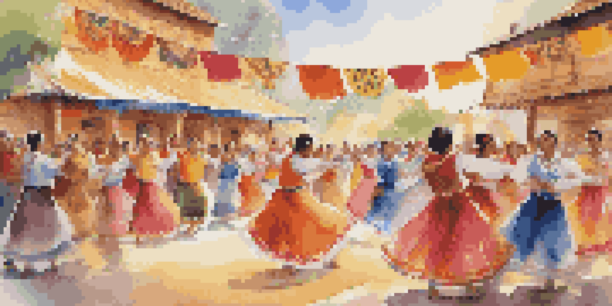 A lively cultural festival with dancers in traditional clothing performing a folk dance, surrounded by colorful decorations and an engaged audience.