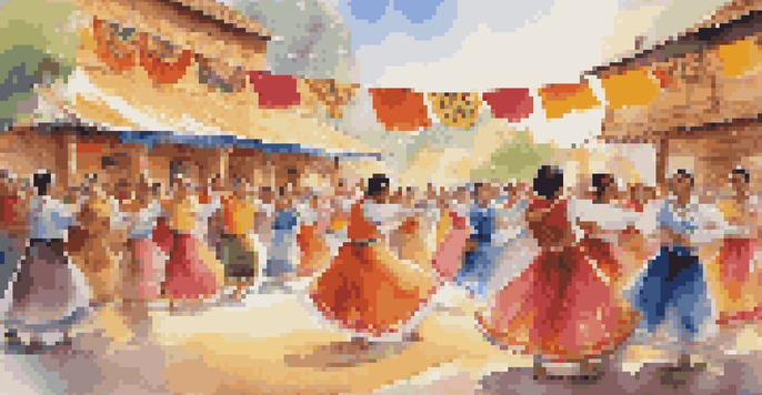 A lively cultural festival with dancers in traditional clothing performing a folk dance, surrounded by colorful decorations and an engaged audience.