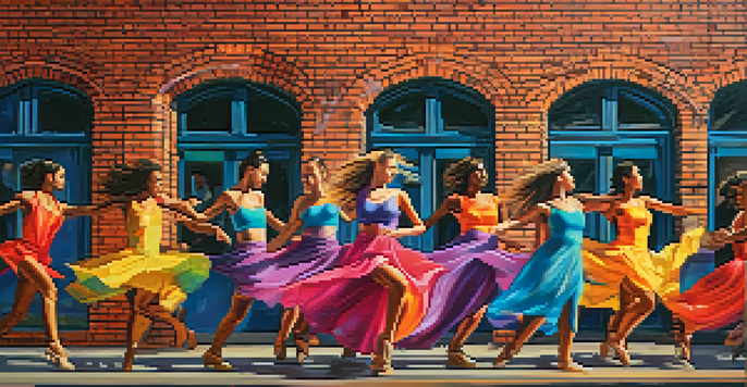 A group of dancers in colorful outfits performing in an urban setting with graffiti art and warm sunset lighting.