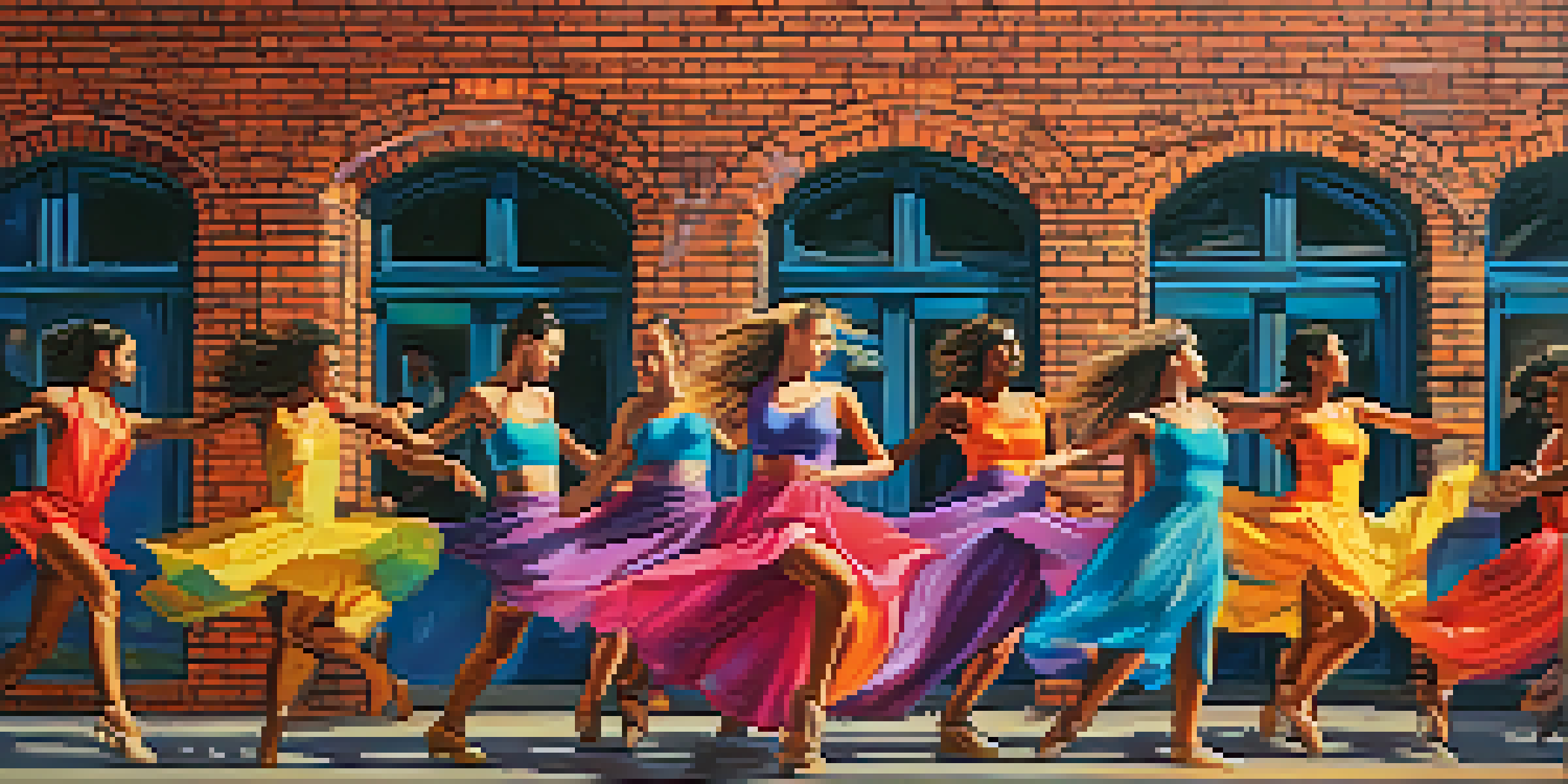 A group of dancers in colorful outfits performing in an urban setting with graffiti art and warm sunset lighting.