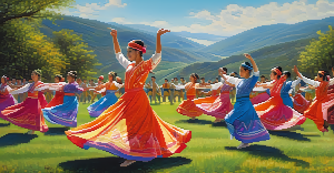 A lively outdoor folk dance performance with dancers in colorful costumes against a scenic backdrop of hills and a blue sky.