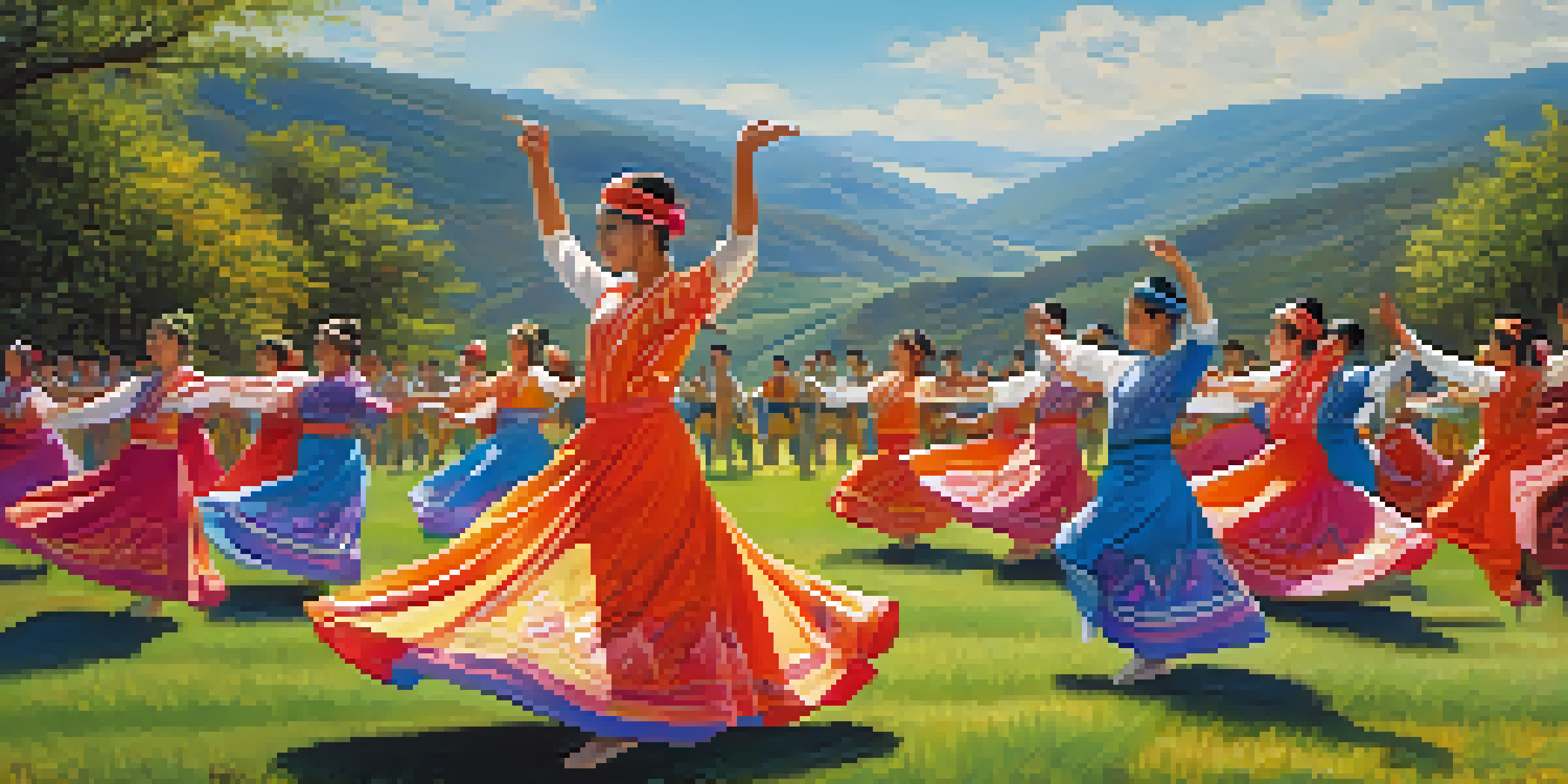 A lively outdoor folk dance performance with dancers in colorful costumes against a scenic backdrop of hills and a blue sky.