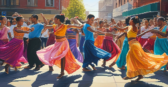 A group of diverse dancers performing in a colorful urban setting during golden hour, showcasing a blend of traditional and modern dance styles.