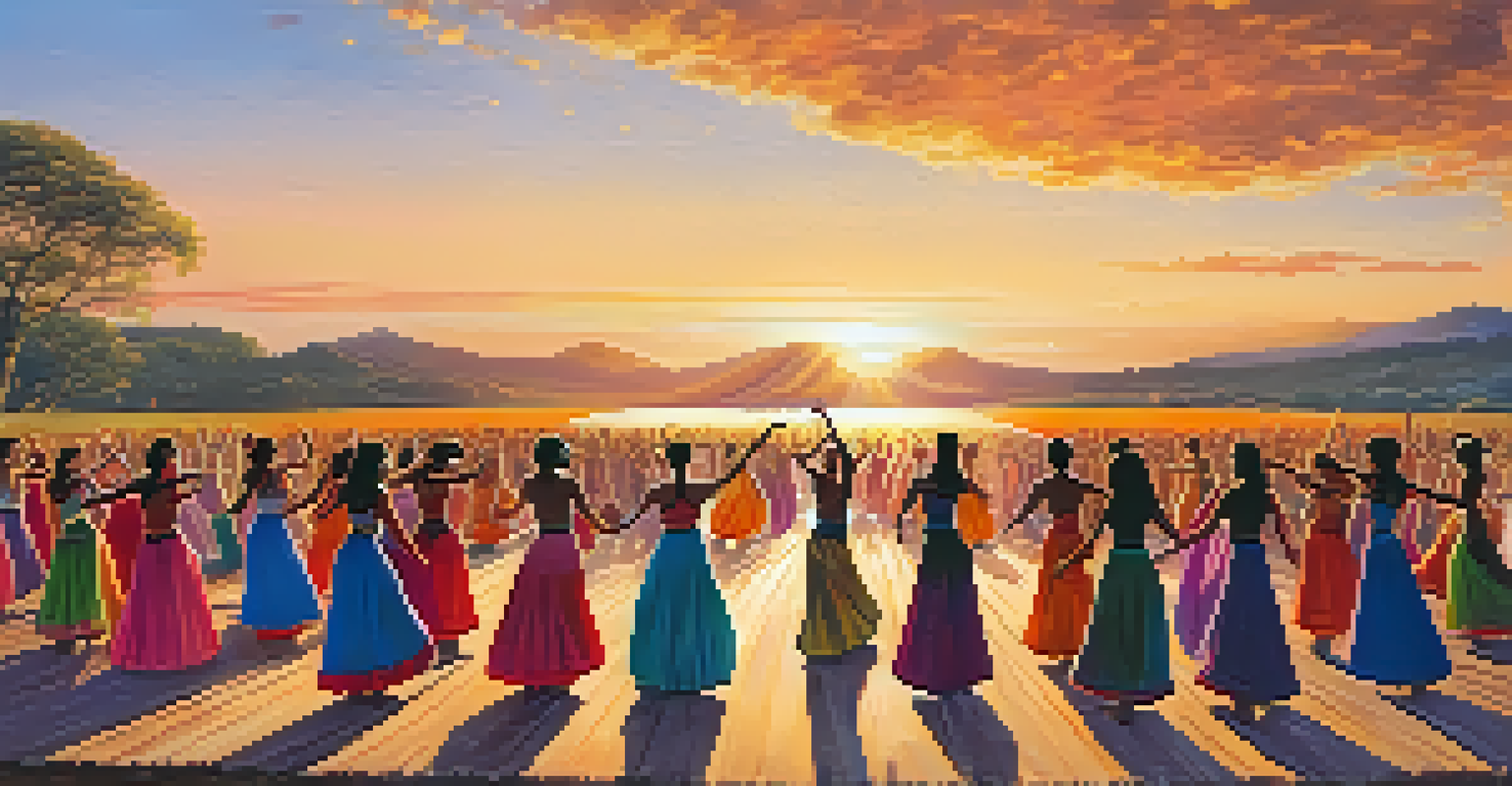 Dancers from different cultures performing on a stage made of natural materials at sunset, representing a global dance event for environmental awareness.