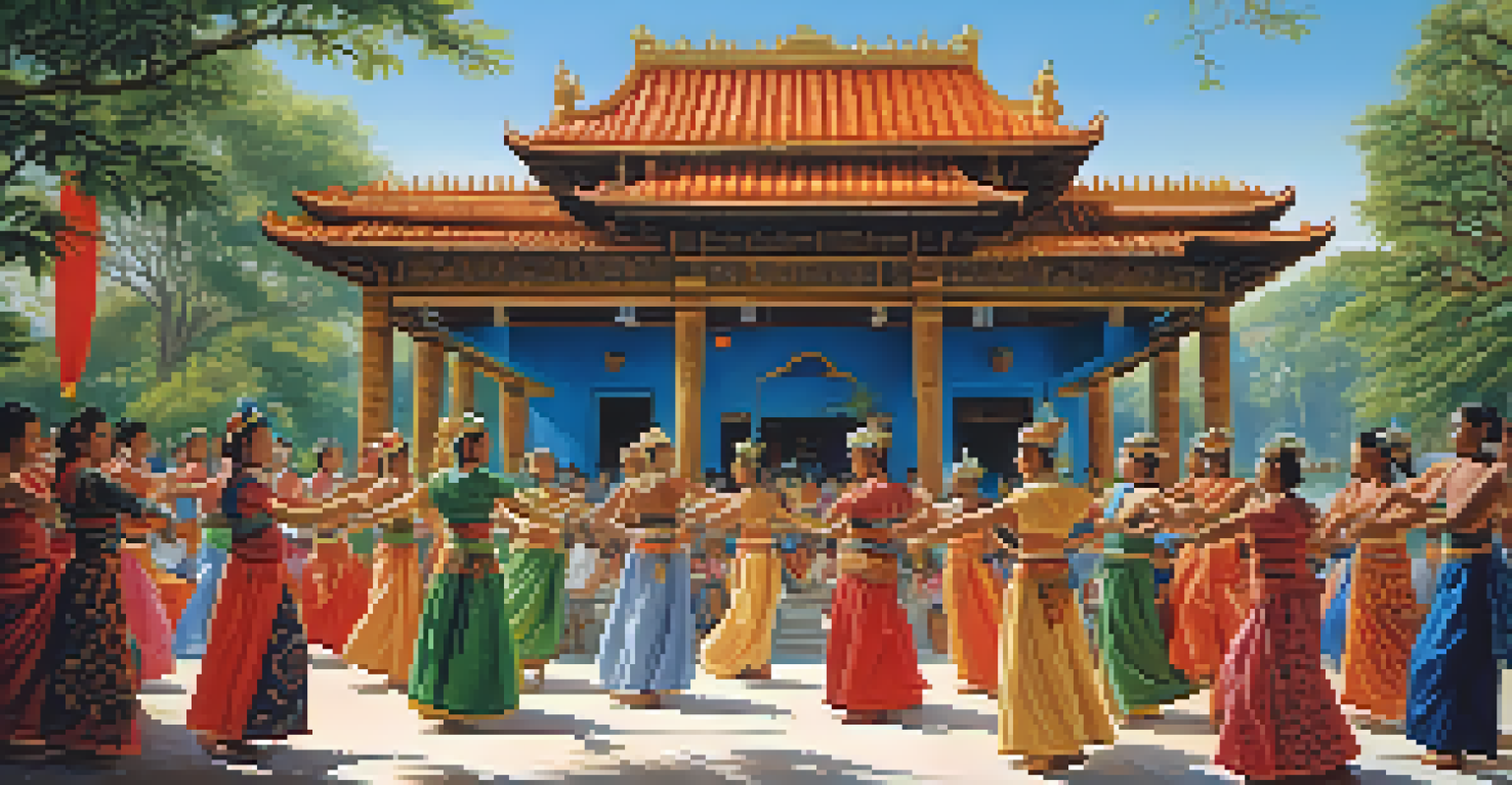 An outdoor scene of dancers in traditional costumes performing an ancient ritual dance under a bright blue sky.