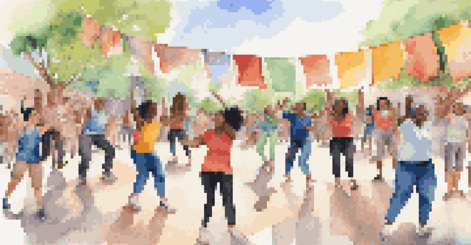 An energetic outdoor dance workshop with diverse participants learning moves, using mobile apps to influence the performance.