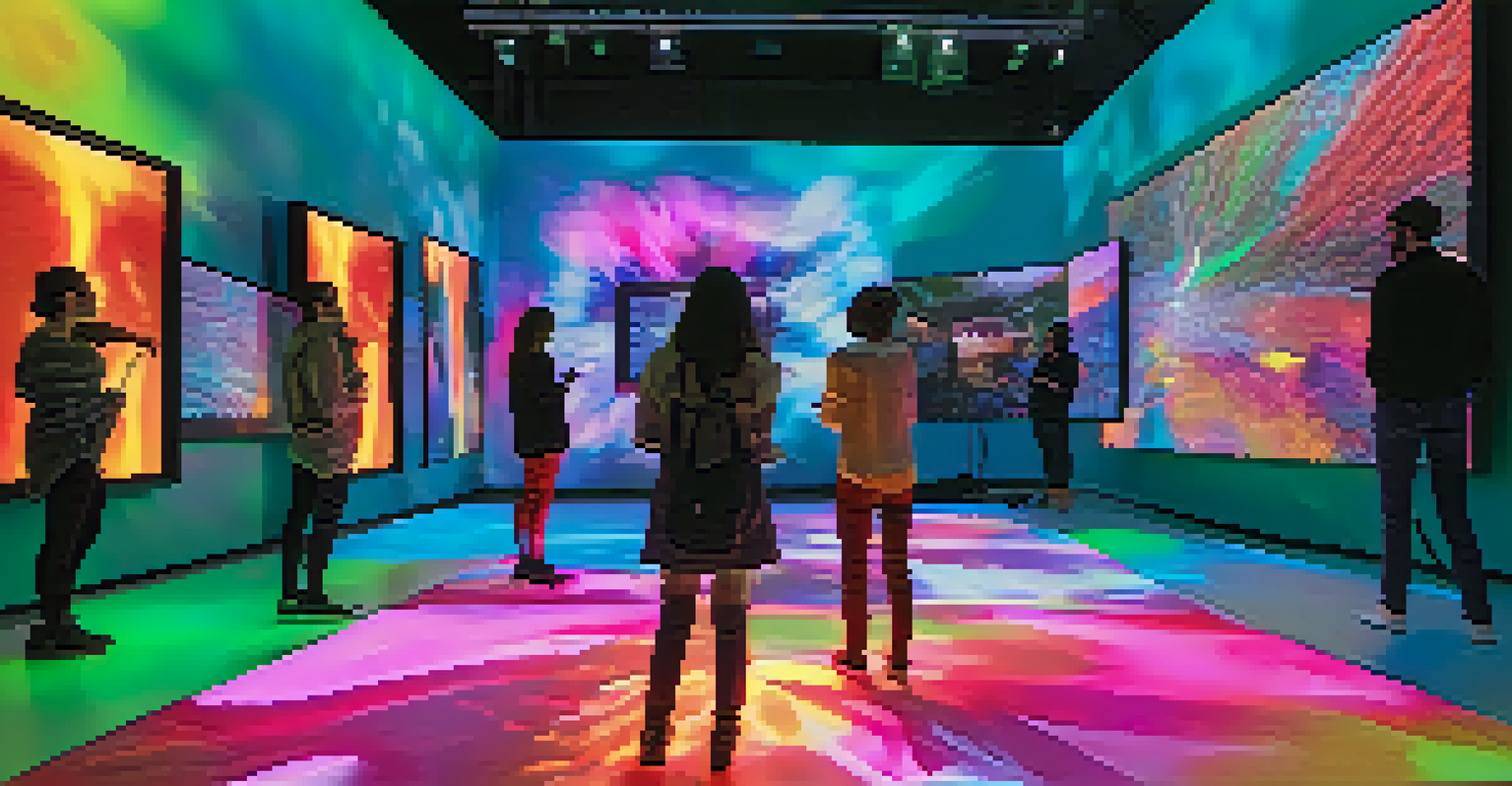 An interactive performance art installation in a gallery, with audience members engaging with digital displays.
