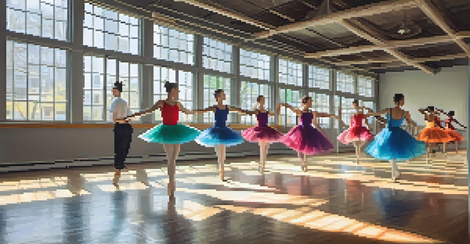 A diverse group of dancers performing various dance styles in a well-lit studio, showcasing colorful costumes and dynamic movements.