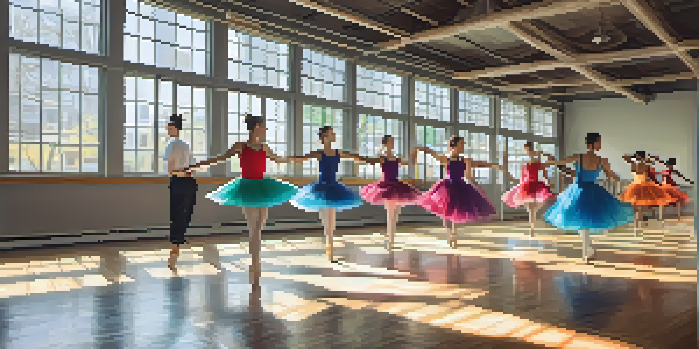 A diverse group of dancers performing various dance styles in a well-lit studio, showcasing colorful costumes and dynamic movements.