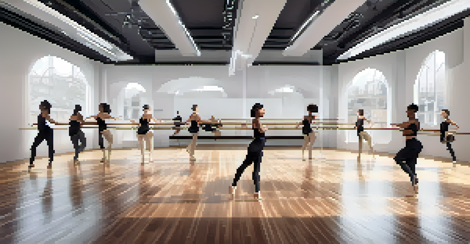 A modern dance studio with motion tracking technology, showcasing a dancer in action amidst digital elements.