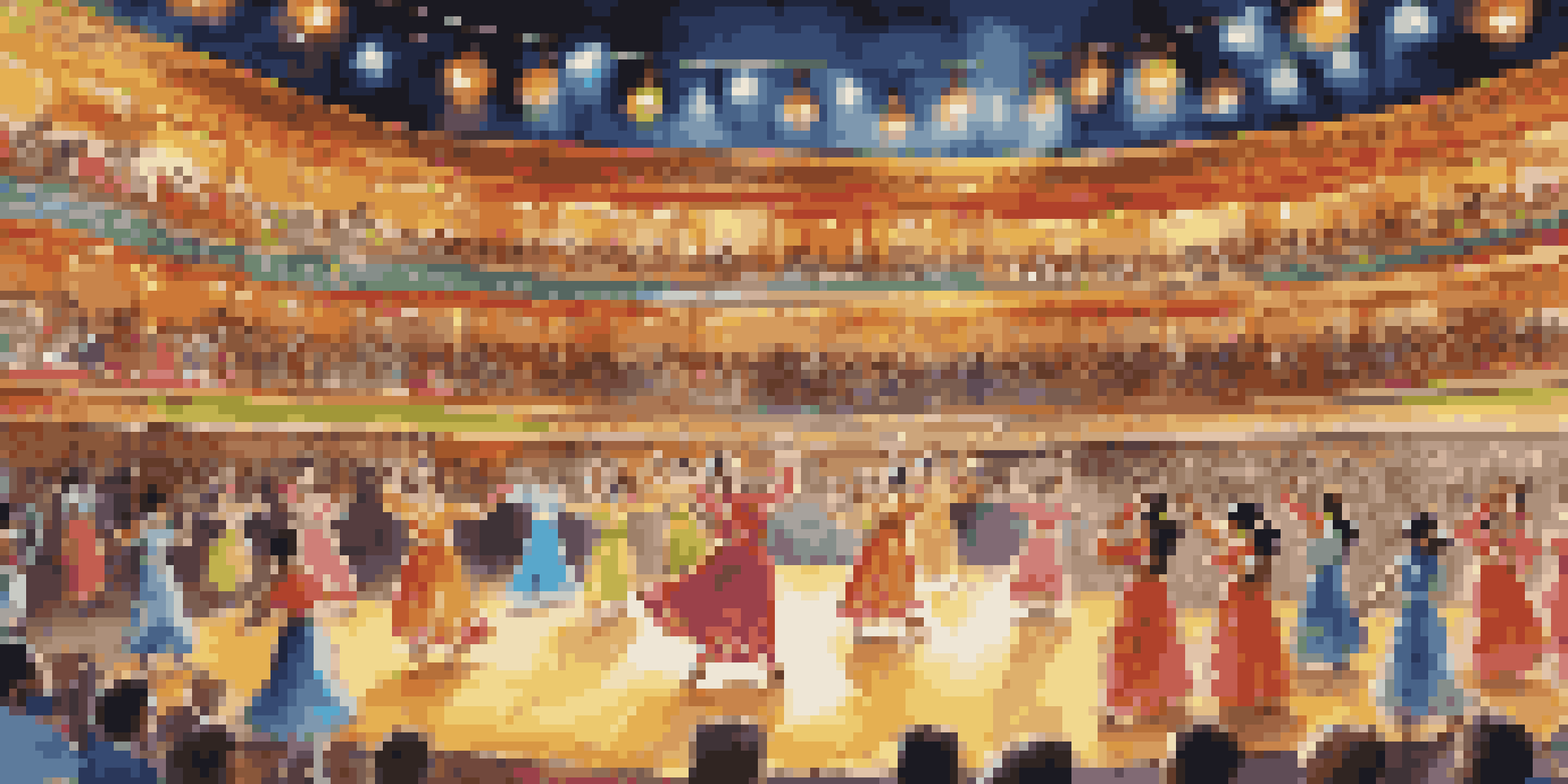 A lively scene of a traditional dance competition with dancers in bright costumes on stage and an enthusiastic audience in the background.