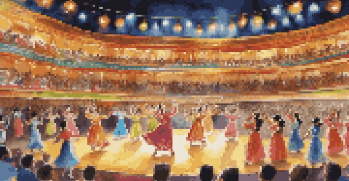 A lively scene of a traditional dance competition with dancers in bright costumes on stage and an enthusiastic audience in the background.