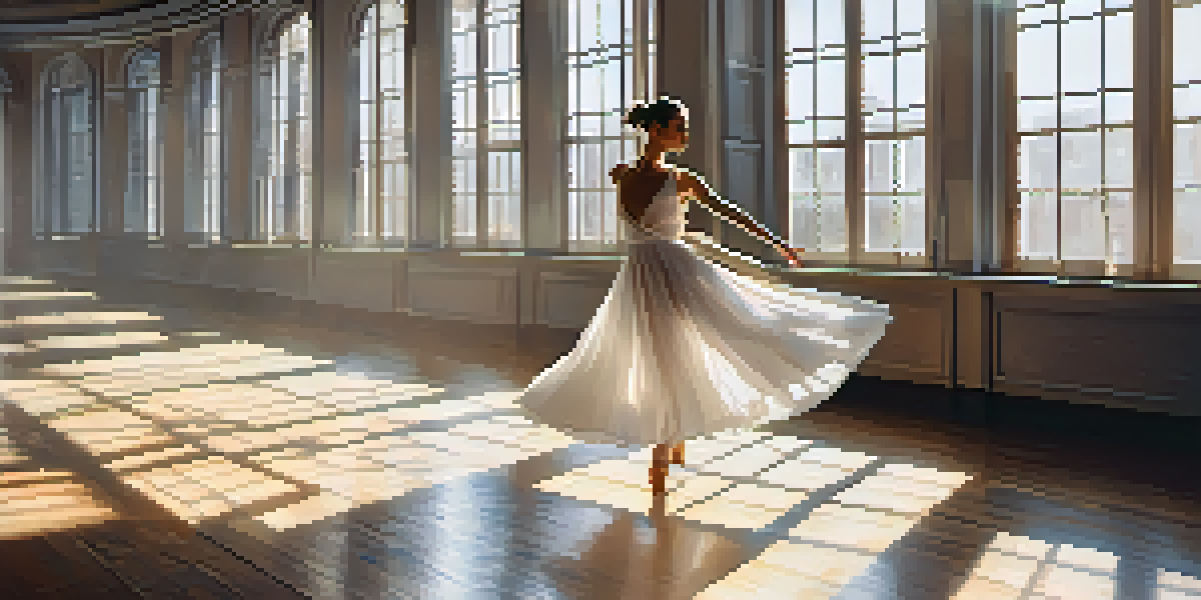 A dancer in a bright studio, practicing in front of mirrors with analytics data displayed on a screen.