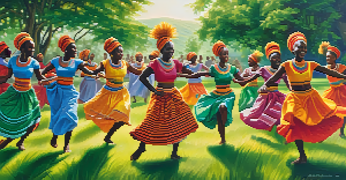 A lively outdoor African folk dance with dancers in colorful costumes performing joyfully amidst a sunlit landscape.