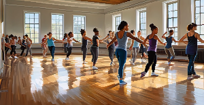 A lively dance class with diverse dancers practicing hip-hop and ballet in a bright studio with wooden floors and mirrors.