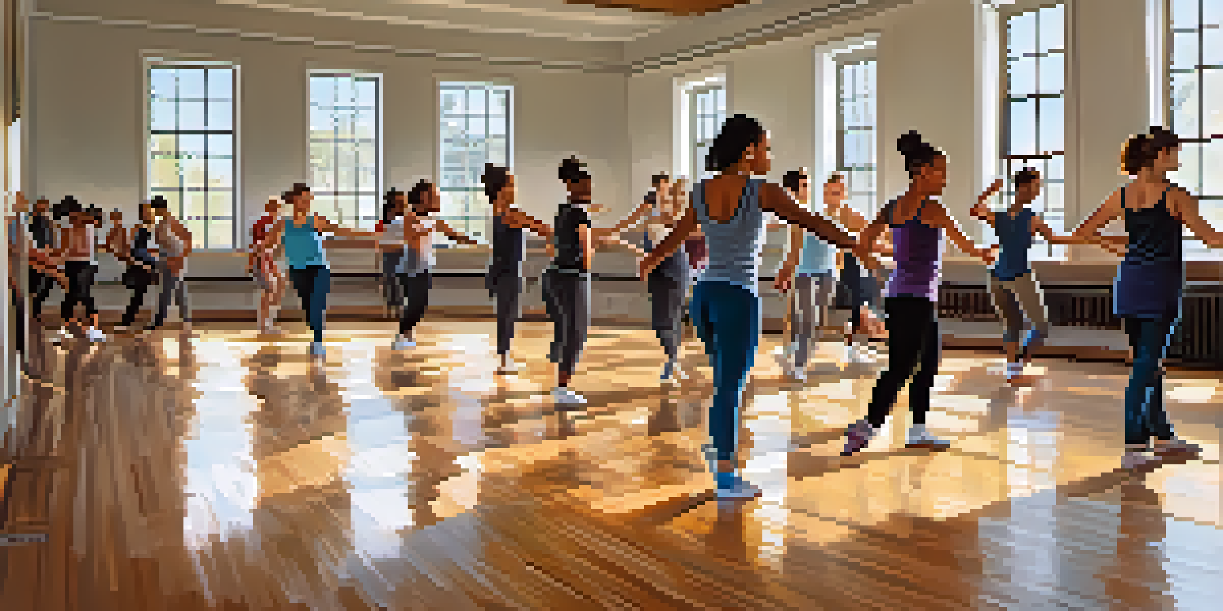 A lively dance class with diverse dancers practicing hip-hop and ballet in a bright studio with wooden floors and mirrors.