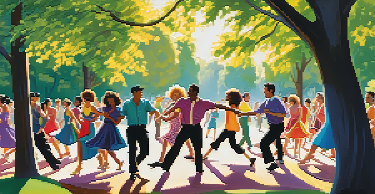 A diverse group of swing dancers enjoying a social dance event in a sunny park, surrounded by trees and picnic blankets.